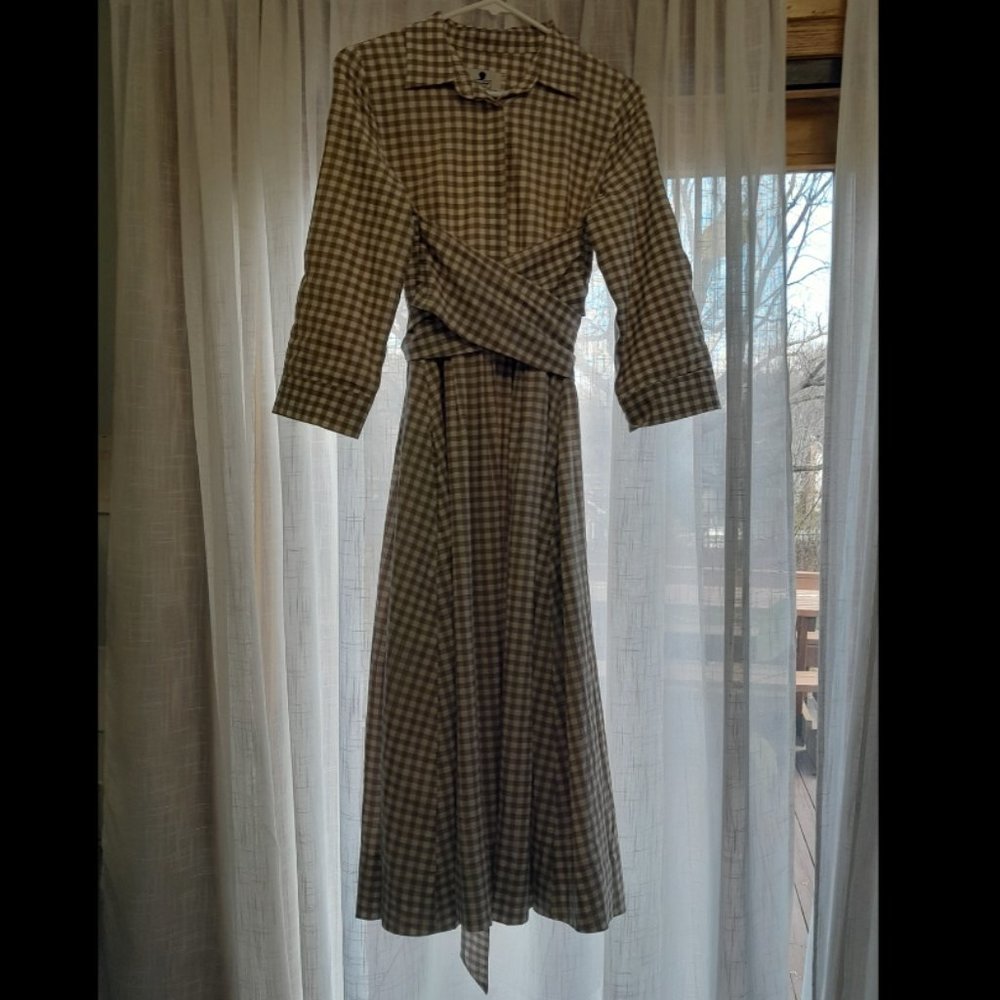 Dainty Jewells tan and cream plaid gingham wrap-belt dress, size S, like…